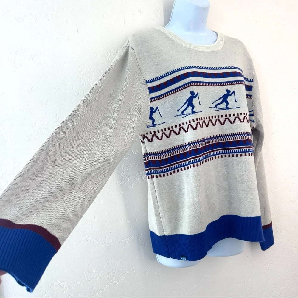 Kavu Hillrose Women's White and Blue Retro Ski Patterned Sweater XL NWT